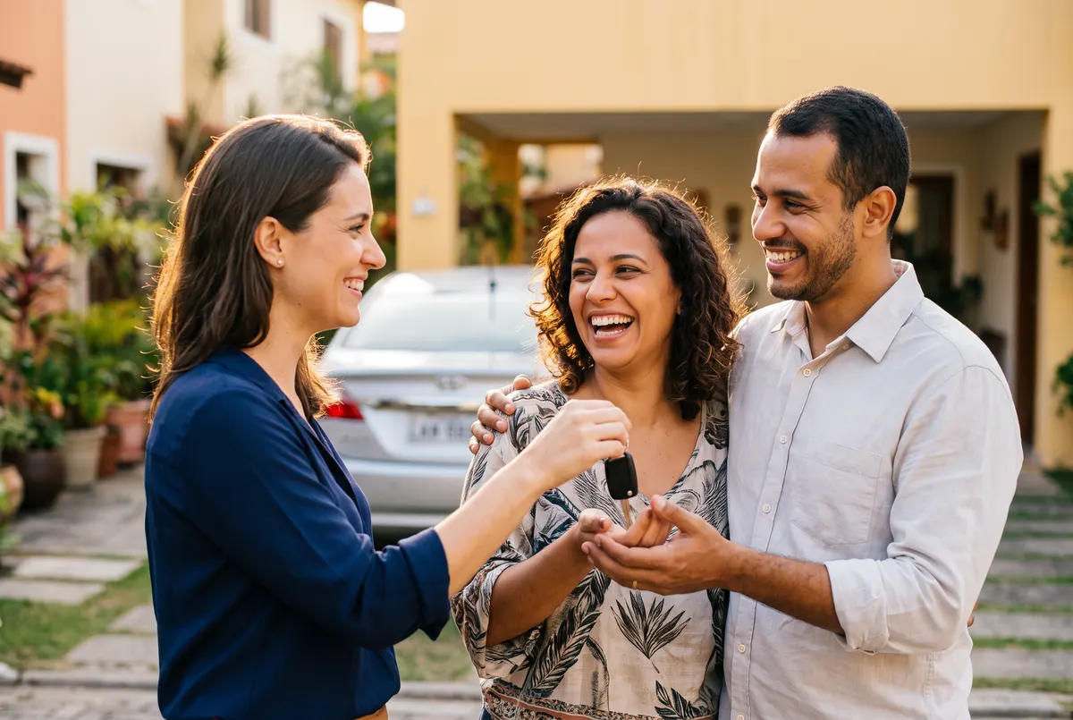 Consultora entregando a chave do carro novo a um casal sorridente