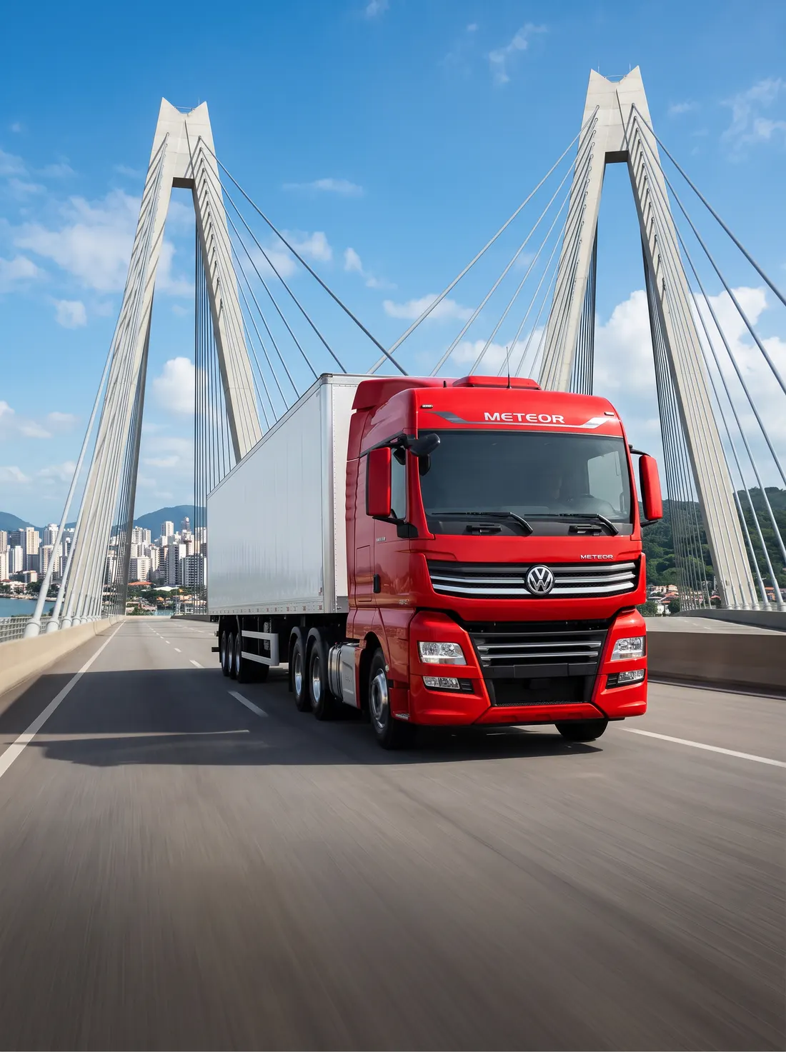 Caminhão Volkswagen Meteor vermelho cruzando ponte estaiada