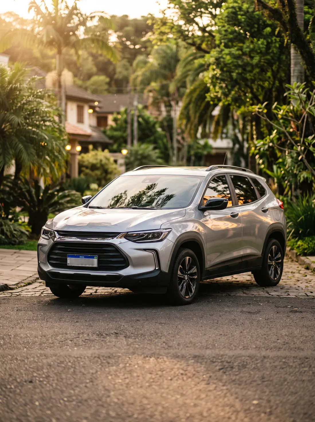 SUV prata em rua residencial arborizada ao entardecer