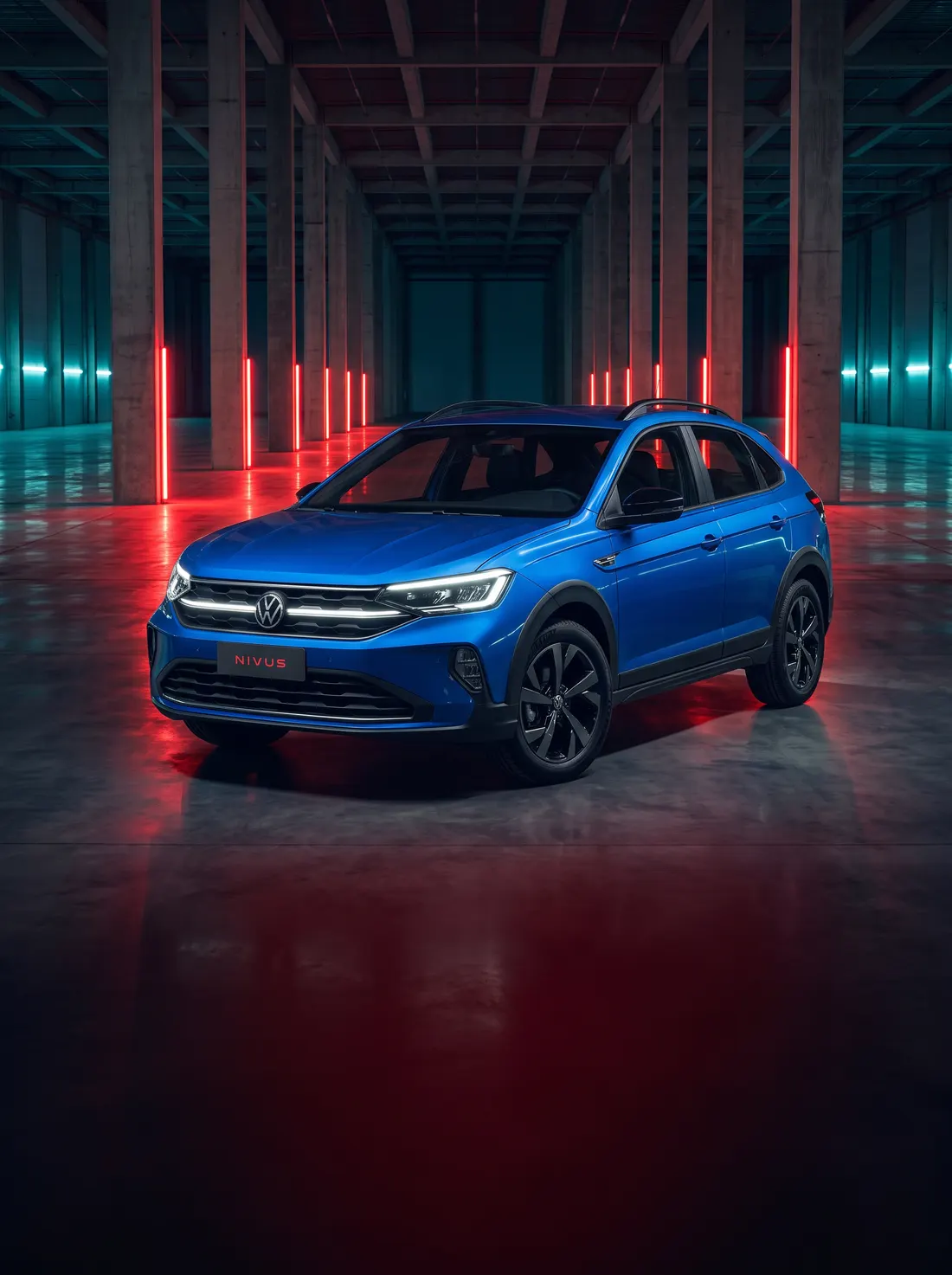Volkswagen Nivus azul em galpão industrial com iluminação cênica