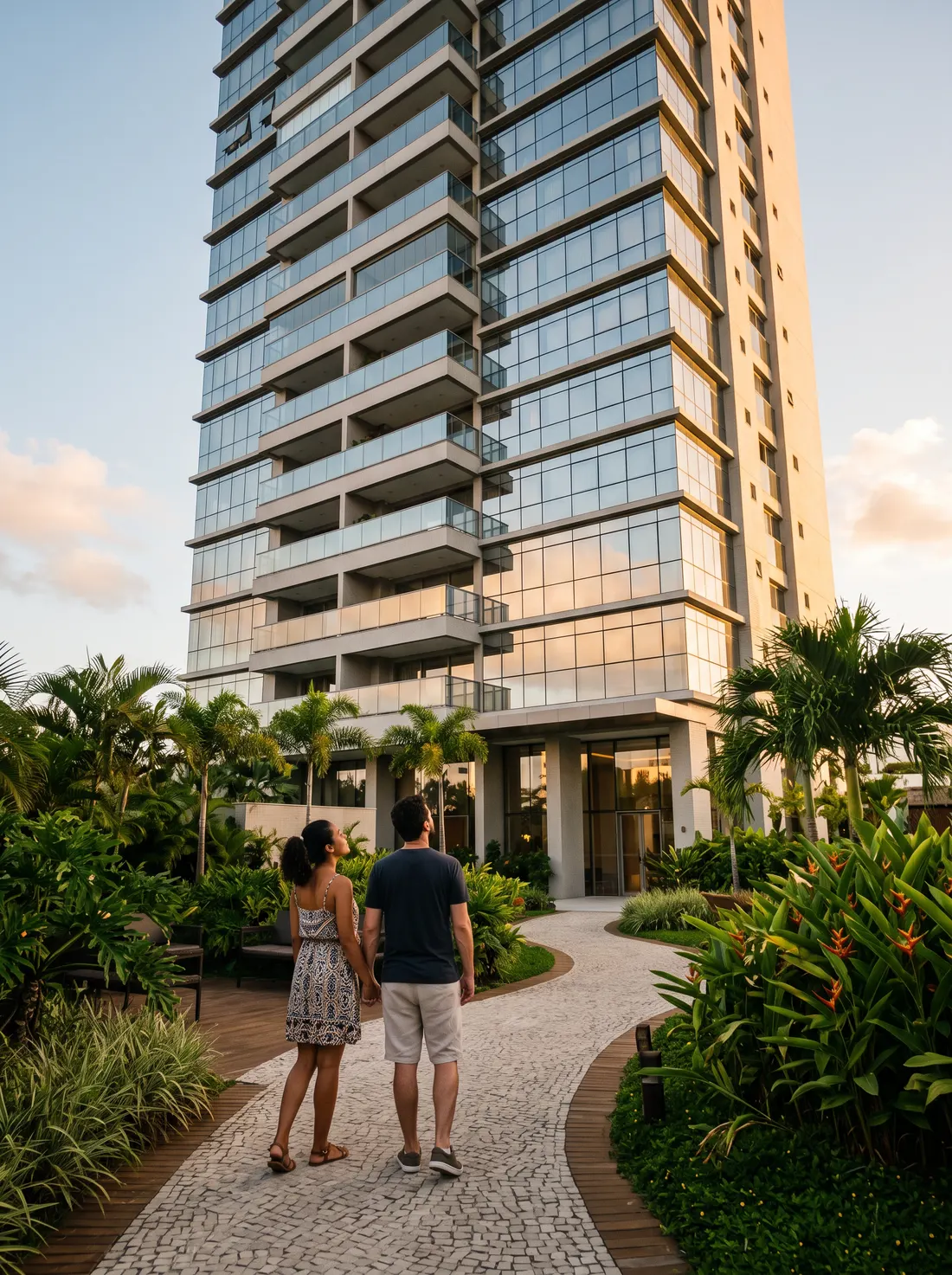 Casal admirando o edifício residencial novo ao entardecer