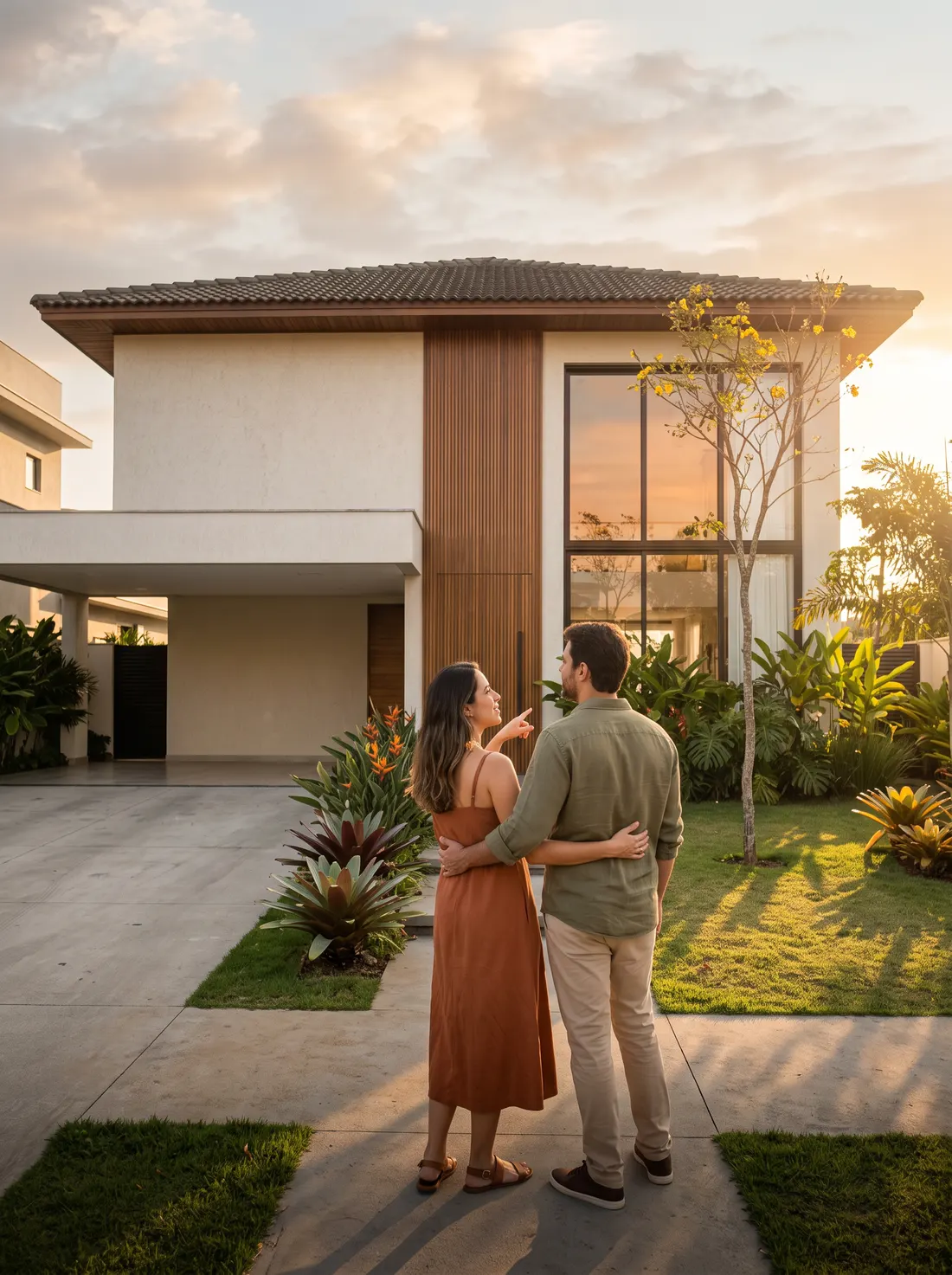 Casal admirando casa contemporânea ao entardecer