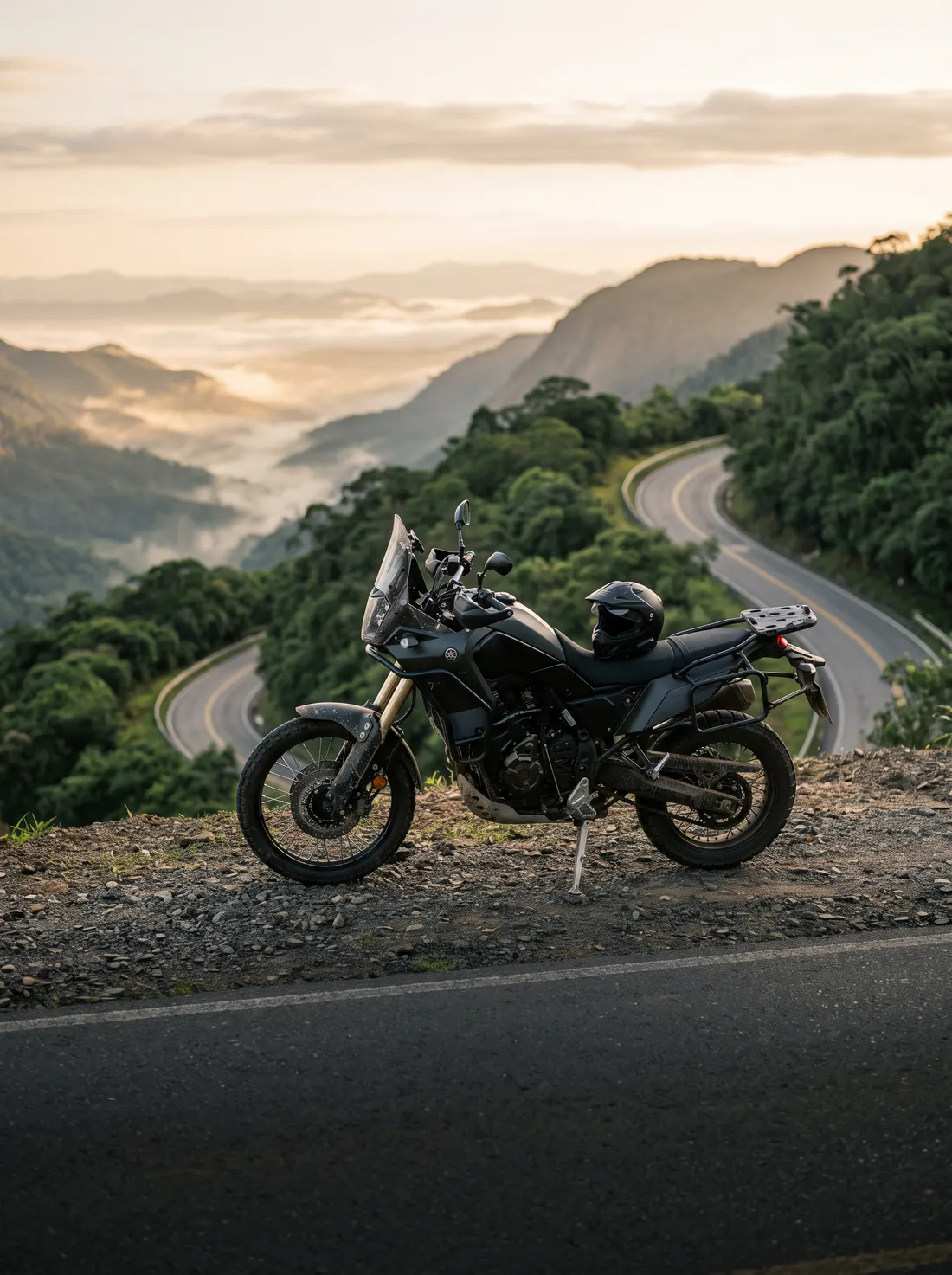 Moto trail em estrada de serra ao amanhecer