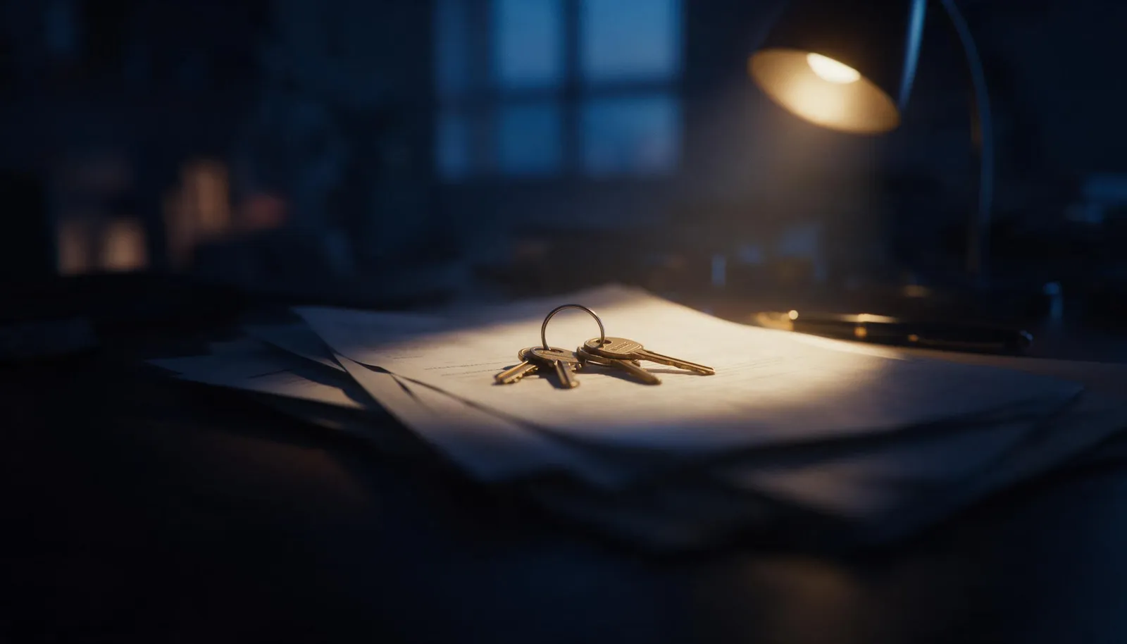 Chaves de casa sobre documentos sob a luz de uma luminária