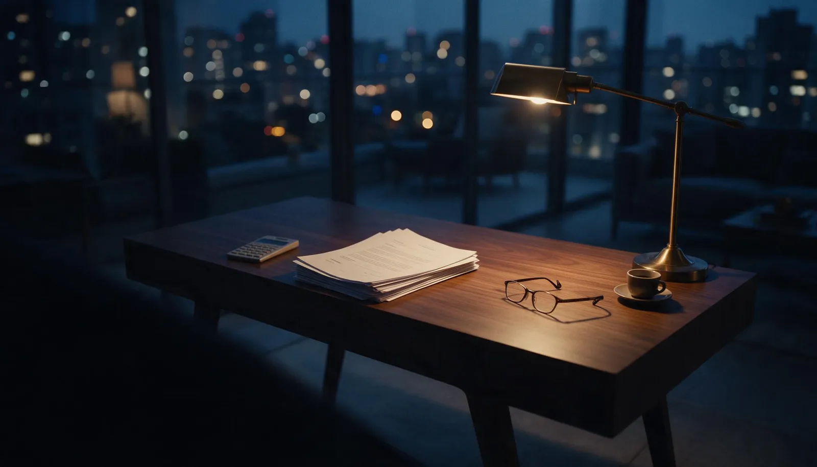 Mesa de trabalho à noite com documentos de proposta e luminária, cidade ao fundo