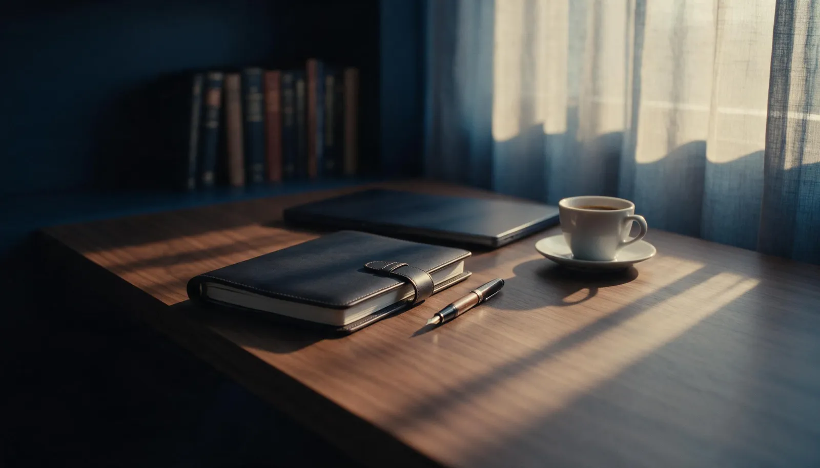 Planner de couro, caneta e café em escritório ao entardecer