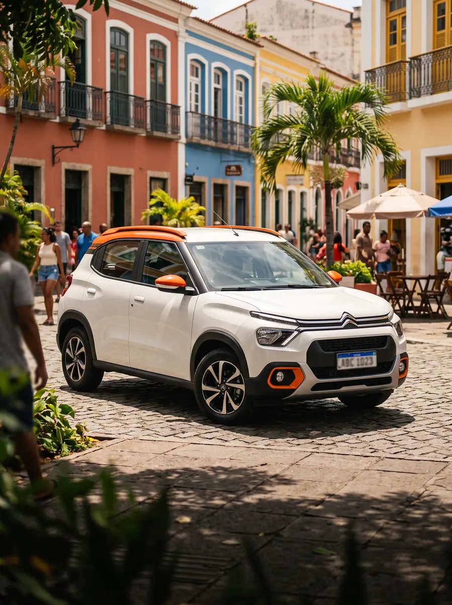 Citroën branco com detalhes laranja em praça urbana