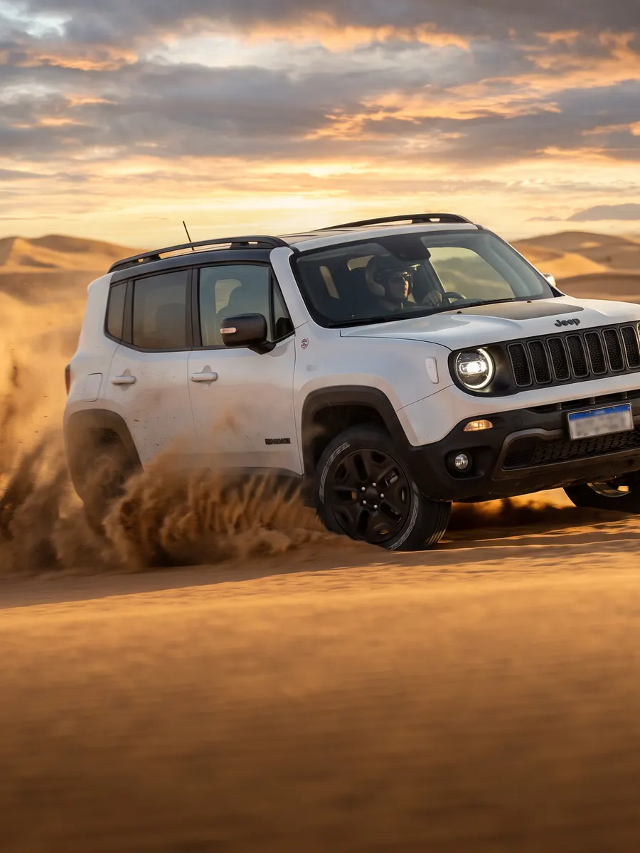 Jeep Renegade branco derrapando em dunas de areia