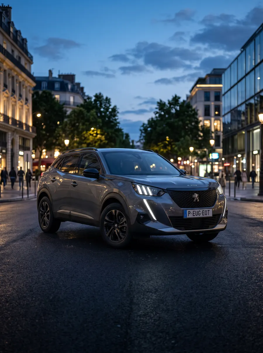 Peugeot 2008 cinza em avenida urbana à noite