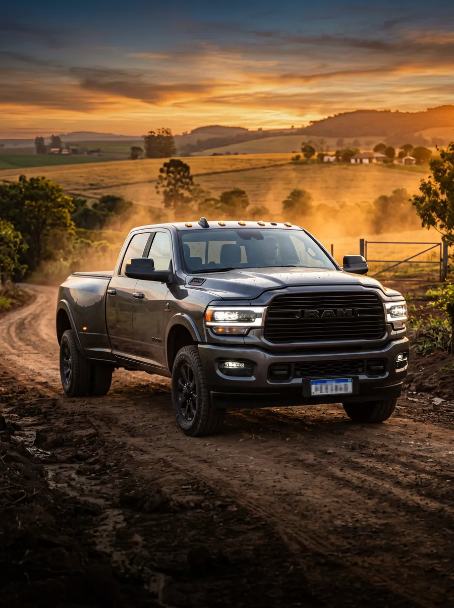 Picape RAM cinza em estrada de terra no campo