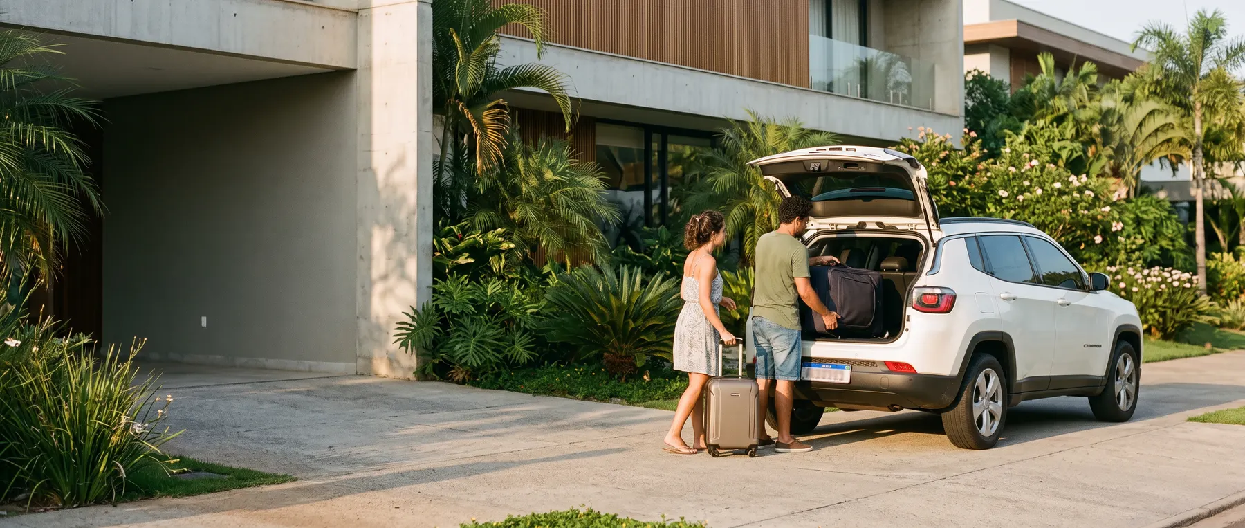 Casal guardando bagagens no porta-malas de um Jeep Compass em frente a casa moderna ao entardecer