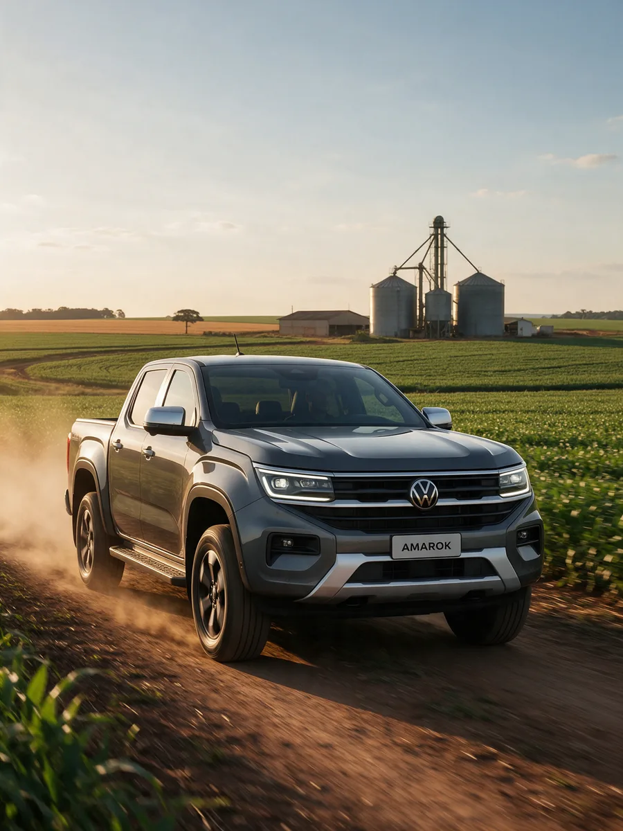 Volkswagen Amarok cinza em estrada de terra no campo