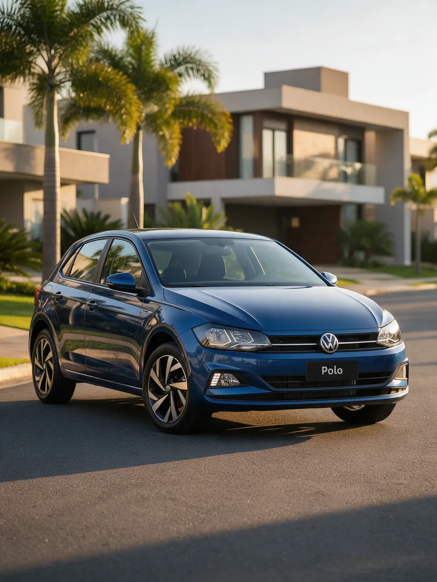 Volkswagen Polo azul em rua residencial ao entardecer