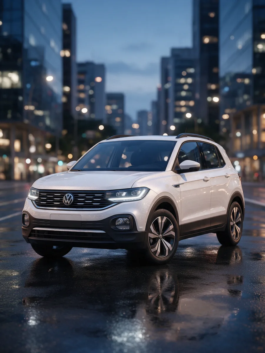 Volkswagen T-Cross branco em avenida urbana à noite