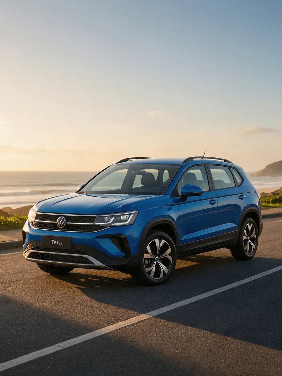 Volkswagen Tera azul em estrada litorânea ao pôr do sol